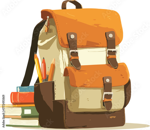 A vibrant backpack surrounded by books, stationery, and colorful school supplies sits on a light gray background