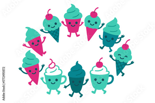 Cheerful ice cream cones and frozen dessert characters dancing in a circular group