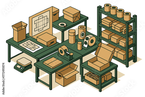 Busy packaging and shipping station setup with cardboard boxes, tape dispensers, scale, and shelving
