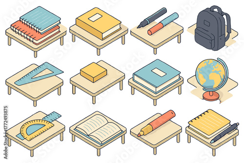 Isometric school supplies and educational objects collection on small desks