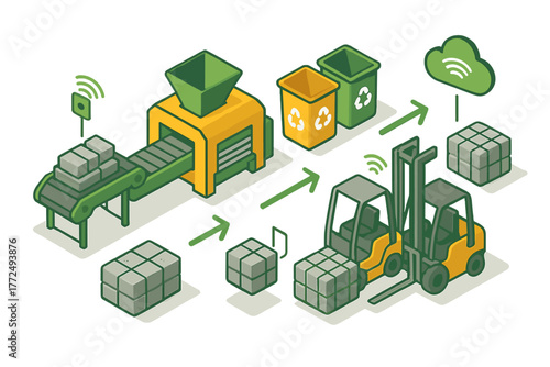 Smart recycling process flow with industrial machinery, conveyor belt, forklift, and cloud connection