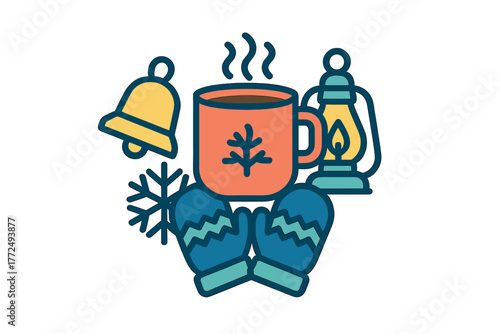 Cozy winter composition with steaming mug, warm mittens, holiday bell, and lantern