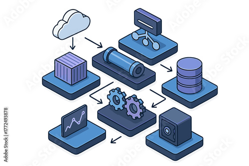 Isometric diagram of complex data processing workflow and cloud computing architecture