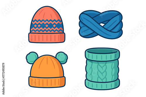 Colorful knitted winter hats and warm scarves collection for cold weather fashion