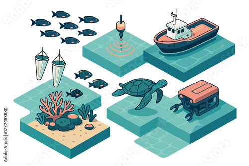 Isometric set of marine research and oceanography elements with sea turtle, fish, coral, boat, sonar, and underwater robot