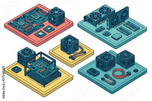 Isometric collection of essential computer hardware components for building or upgrading a desktop PC