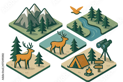 Isometric icons set of outdoor adventure elements including mountains, forest, river, and camping