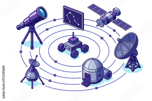 Scientific equipment for space research and astronomy observation including satellite and rover