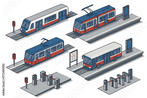 Isometric set of modern public transportation vehicles, train, tram, bus, and station infrastructure
