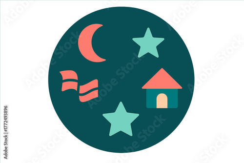 Stylized circular design featuring a small house, crescent moon, two stars, and waving ribbons