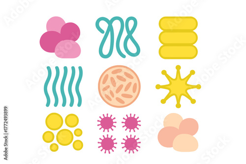 Stylized biological forms collection featuring bacteria, viruses, and cellular components