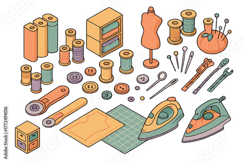 Colorful assortment of sewing and tailoring tools and supplies in isometric view