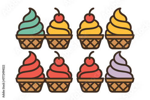Colorful soft serve ice cream cups in waffle baskets with cherry garnishes and various flavors