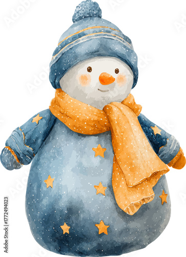 The scene depicts a cheerful snowman clad in a dazzling patchwork suit and a soft hat, set against a breathtaking winter backdrop