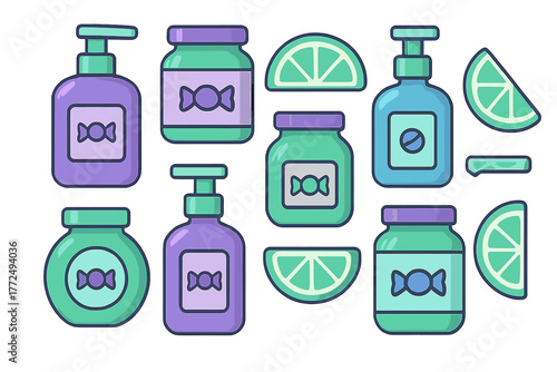 Colorful assortment of cosmetic jars, pump bottles, and fresh lime slices for natural beauty products