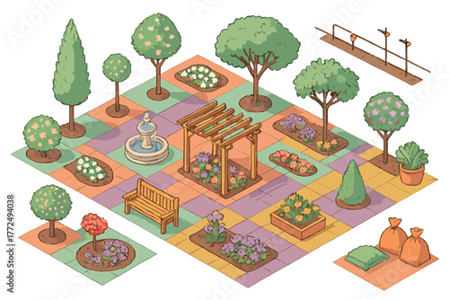 Isometric view of a beautiful formal garden layout featuring trees, flowers, fountain, and wooden bench