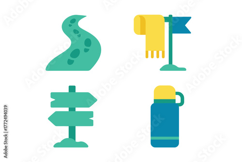 Winding trail, flag, signpost, and thermos used for hiking and outdoor adventure