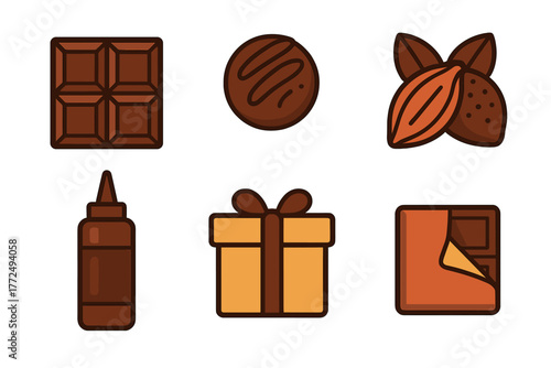 Sweet chocolate products including a bar, truffle, cocoa beans, syrup, and a wrapped gift