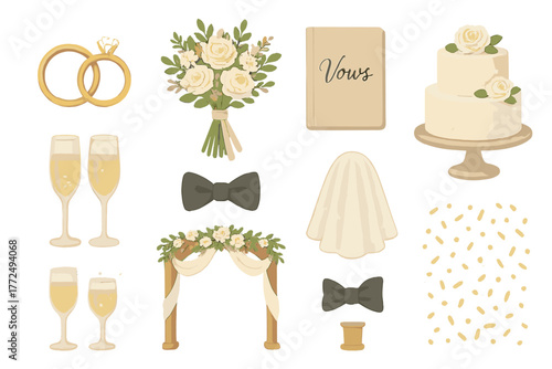 Elegant wedding essentials set including rings, floral bouquet, cake, arch, and champagne flutes