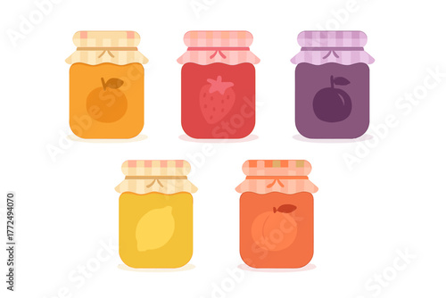 Assortment of five colorful fruit jam preserves in jars with gingham fabric lids