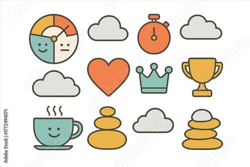 Colorful collection of business and wellness symbols including stopwatch, trophy, heart, and crown icons