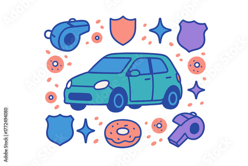 Stylized police patrol car surrounded by whistles, shields, badges, and a sweet donut treat