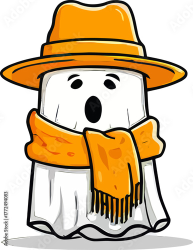 Dressed in a cozy hat and scarf, a charming ghost of autumn is ready to observe the fall season
