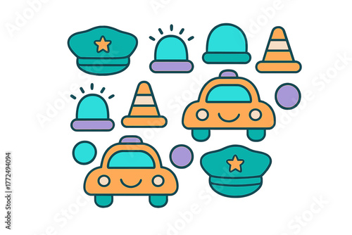 Cute cartoon police and emergency service icons set with patrol cars, officer hats, sirens, and traffic cones