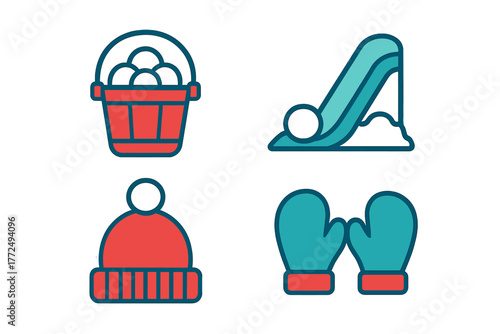 Colorful icons representing winter activities, snowballs, sledding, hat, and gloves