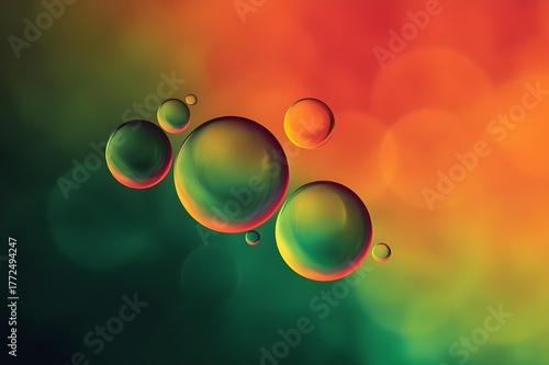 Abstract colorful gradient spheres floating on smooth blurred background in green, yellow, orange, and red tones, modern minimal digital art illustration