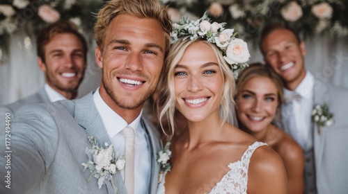 A candid group of joyful friends taking a selfie at a wedding photo booth with soft golden light, floral decor, and elegant pastel tones in a premium wedding style.