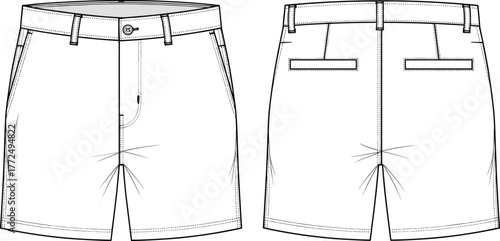 Flat Sketch Vector Technical Drawing Shorts Template, Front and Back View CAD Mockup for Fashion Design, Detailed Apparel Illustration with Pockets and Belt Loops, Isolated on White Background.