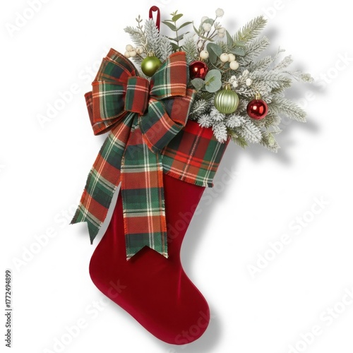 Festive red christmas stocking adorned with plaid bow and winter berries