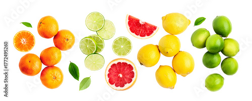 Fresh citrus fruits with green leaves collection banner. Flat lay photography isolated.PNG without shadow