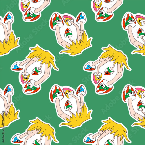 Seamless pattern with psychedelic mushroom on a green background in surreal and abstract groovy cartoon.