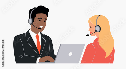 Help Desk Interaction Vector Illustration. Call Center Employee Assisting Customer with Headset and Computer. Customer Support, Service, and Communication Concept Design