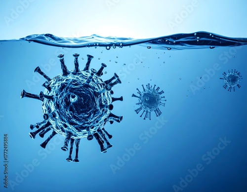 Molecular imagery depicting viral structures submerged in fluid
