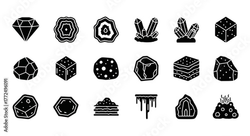 A versatile collection of solid glyph icons representing various geological formations, precious gems, and mineral crystals
