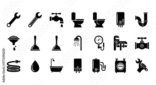Plumbing and sanitary engineering icon collection with professional tools, pipes, and bathroom fixtures. Vector silhouette set for water supply and repair services kufu (760)