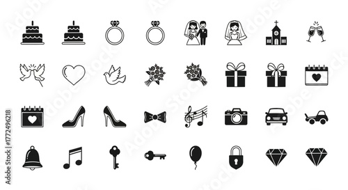 Comprehensive collection of wedding and marriage celebration glyph icons in a flat silhouette style