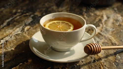 Hot Lemon Tea With Honey on a Marble Table, Perfect for a Soothing Drink