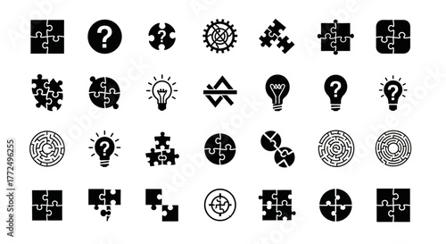 A versatile set of black glyph icons representing concepts like kufu, strategic thinking, problem-solving, and creative ideas