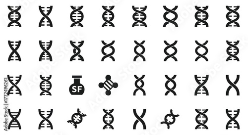 DNA helix vector icon collection. A diverse set of genetic science symbols, biotechnology pictograms, and chromosome elements