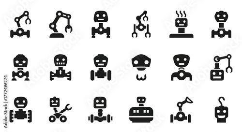 Vector collection of simple robot icons, featuring androids, droids, robotic arms, and artificial intelligence symbols
