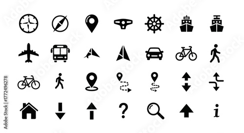 Collection of minimalist black glyph icons representing travel, transportation, and map navigation symbols for web and mobile app design