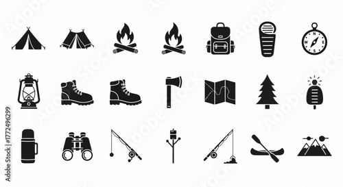 A collection of black silhouette icons for outdoor recreation, featuring essential symbols for camping, hiking, fishing, and adventure travel