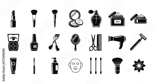 Monochrome glyph icon set featuring a collection of cosmetics, beauty products, and personal care tools for makeup and grooming