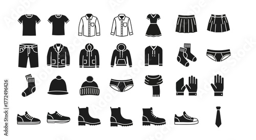 Collection of black glyph clothing icons. Fashion apparel and accessory symbols set for web and graphic design. Vector kufu illustration