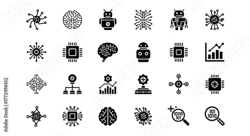 Set of artificial intelligence line icons representing concepts like machine learning, robotics, and big data analysis. Kufu vector symbol collection for technology projects