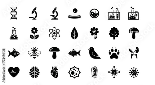 A comprehensive set of science and nature glyph icons for biology, chemistry, and medicine vector designs